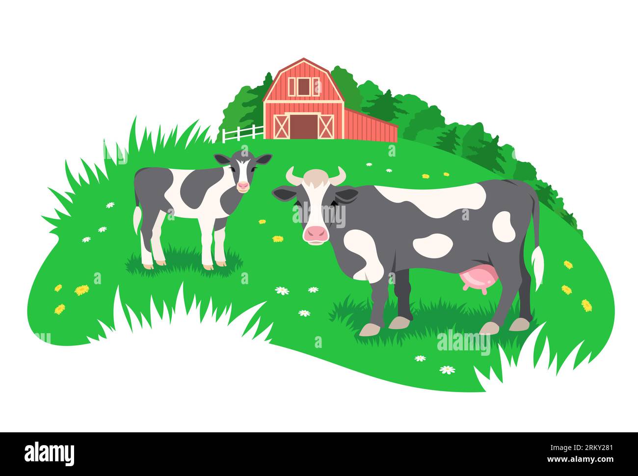Vaca blanca y negra con un pequeño ternero pastando en el prado verde. Granero de granja roja en la distancia. Ganado de granja libre, concepto de agricultura ecológica. Plano sencillo Ilustración del Vector