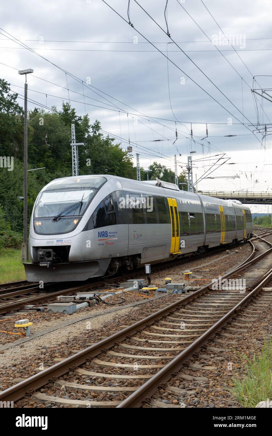 25 de agosto de 2023, Sajonia, Döbeln: Un tren del Mitteldeutsche Regiobahn (MRB) recorre una pista en dirección a Döbeln. Foto: Daniel Schäfer/dpa Foto de stock