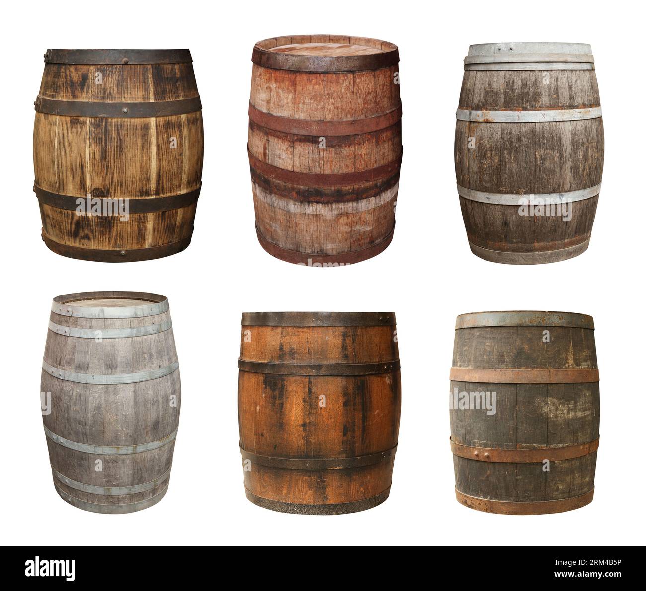 Conjunto con diferentes barriles de madera aislados en blanco Foto de stock