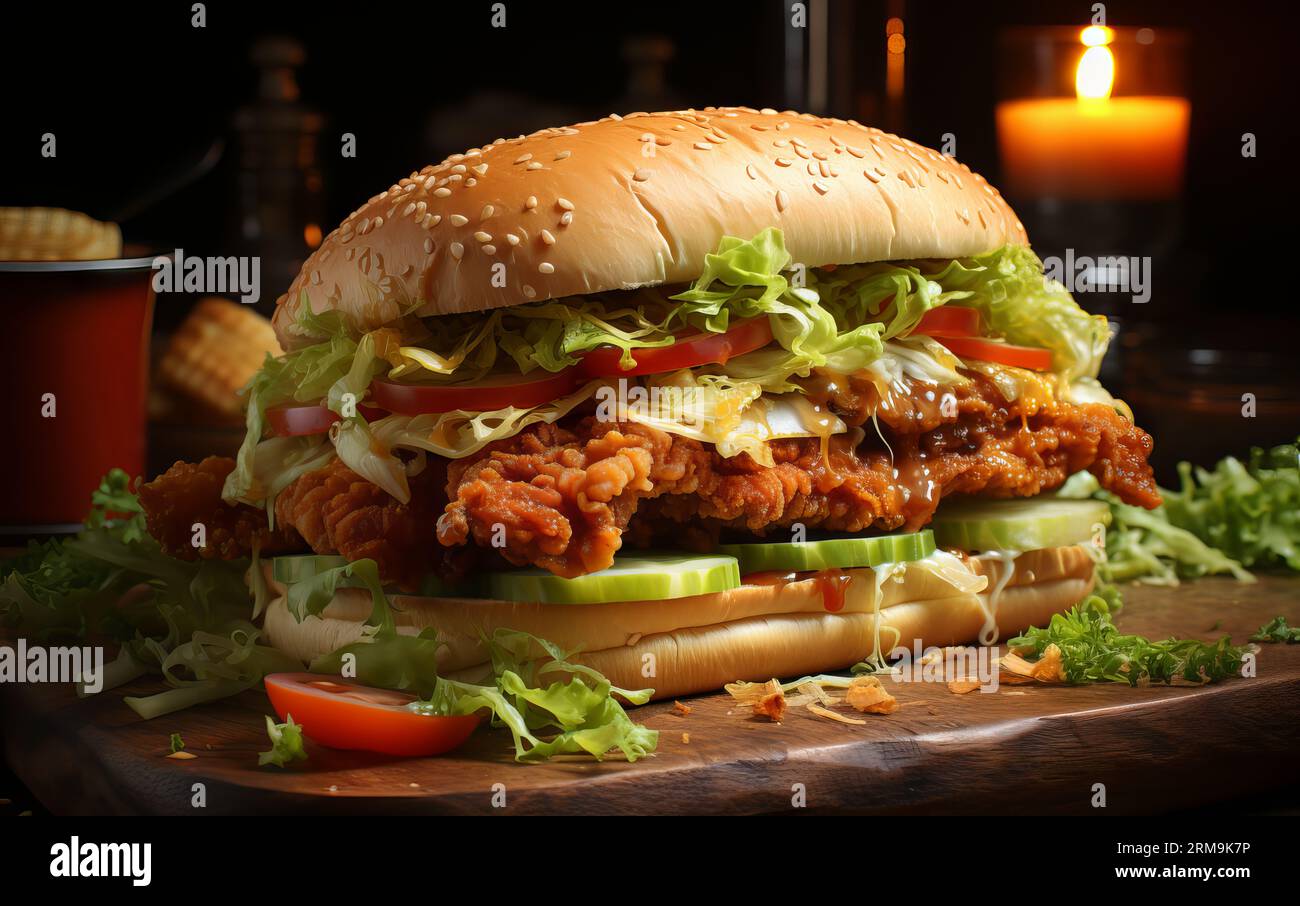 Sándwich de pollo frito con lechuga, papas fritas y mayonesa sobre