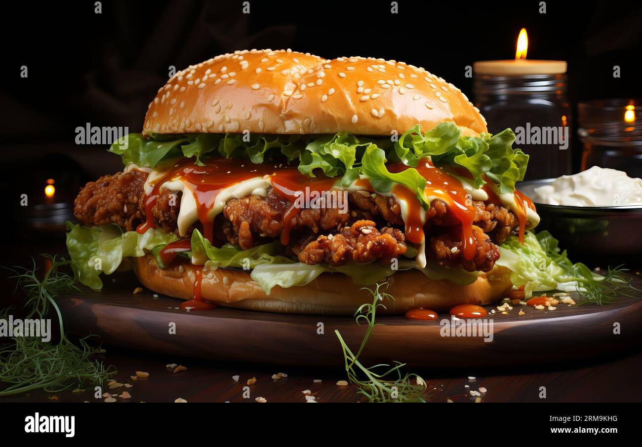 Sándwich de pollo frito con lechuga, papas fritas y mayonesa sobre