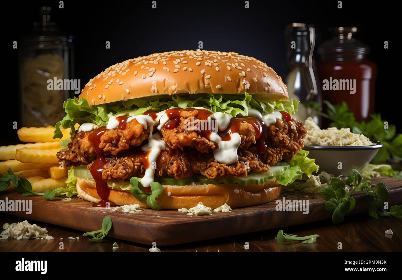 Sándwich de pollo frito con lechuga, papas fritas y mayonesa sobre