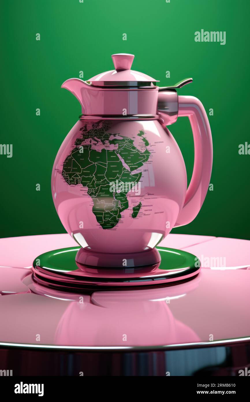 Día internacional del café. elegante cafetera rosa con imagen de mapa del  mundo en la mesa sobre fondo verde Fotografía de stock - Alamy