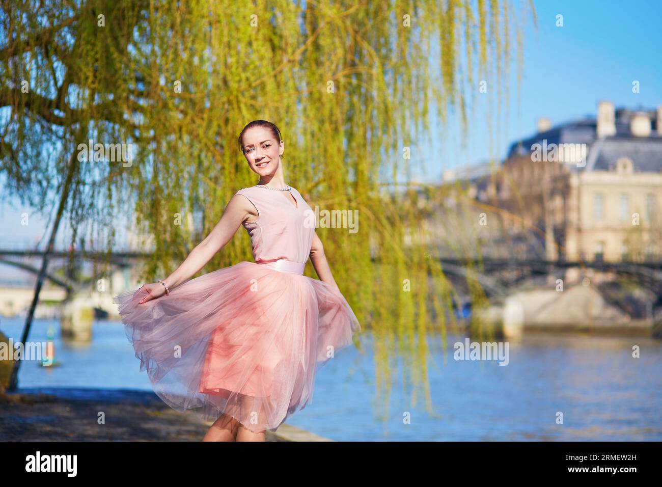 Mujer joven feliz en vestido de tutú rosa cerca de la torre Eiffel en París  Fotografía de stock - Alamy