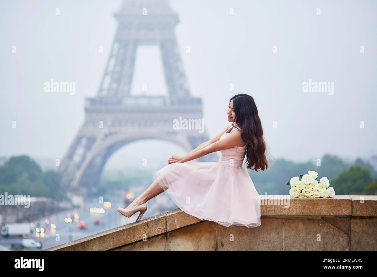 Mujer Parisina Elegante Vestido Tutú Rosado Con Rosas Blancas Que Se  Sientan Cerca De La Torre Eiffel En Trocadero Punto De Vista En París,  Francia Fotos, retratos, imágenes y fotografía de archivo