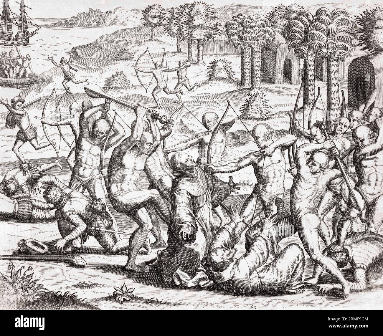 Sacerdotes y soldados españoles atacados por indígenas después de su llegada a las Américas. Después de una obra de finales del siglo XVI de Theodor de Bry. Foto de stock