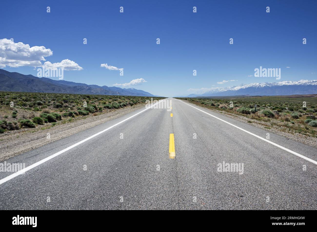 Una carretera vacía 6 que se dirige al sur entre las Montañas Blancas y Sierra Nevada en el este de California Foto de stock