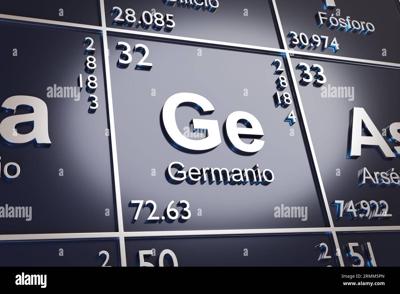 El elemento Germanium en la tabla periódica en español. 3d ilustración. Foto de stock