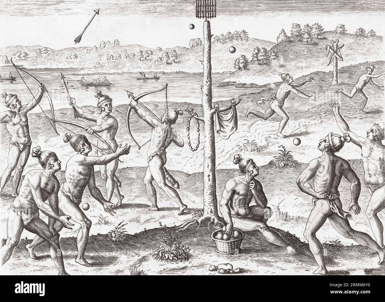 Jóvenes nativos americanos en juego, disparando arcos y flechas y lanzando bolas en una canasta. Después de una obra de finales del siglo XVI de Theodor de Bry. Foto de stock