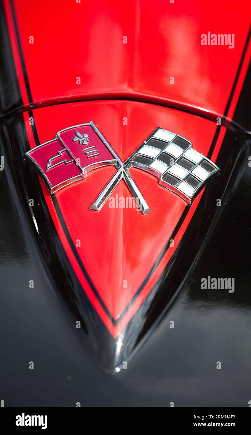 Días del Festival Dennis. El capó de un automóvil clásico Corvette en exhibición Foto de stock