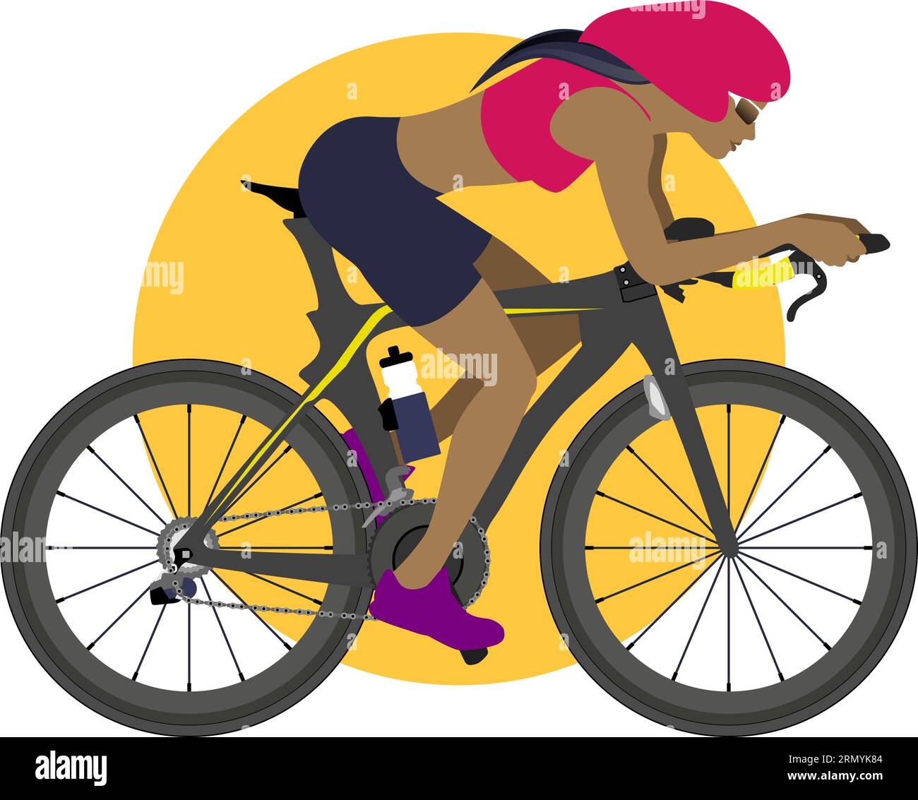 Hermosa mujer deportiva que monta en bicicleta en ropa deportiva, triatlón de entrenamiento, maratón, competencia, ilustración de diseño plano, colorido Ilustración del Vector