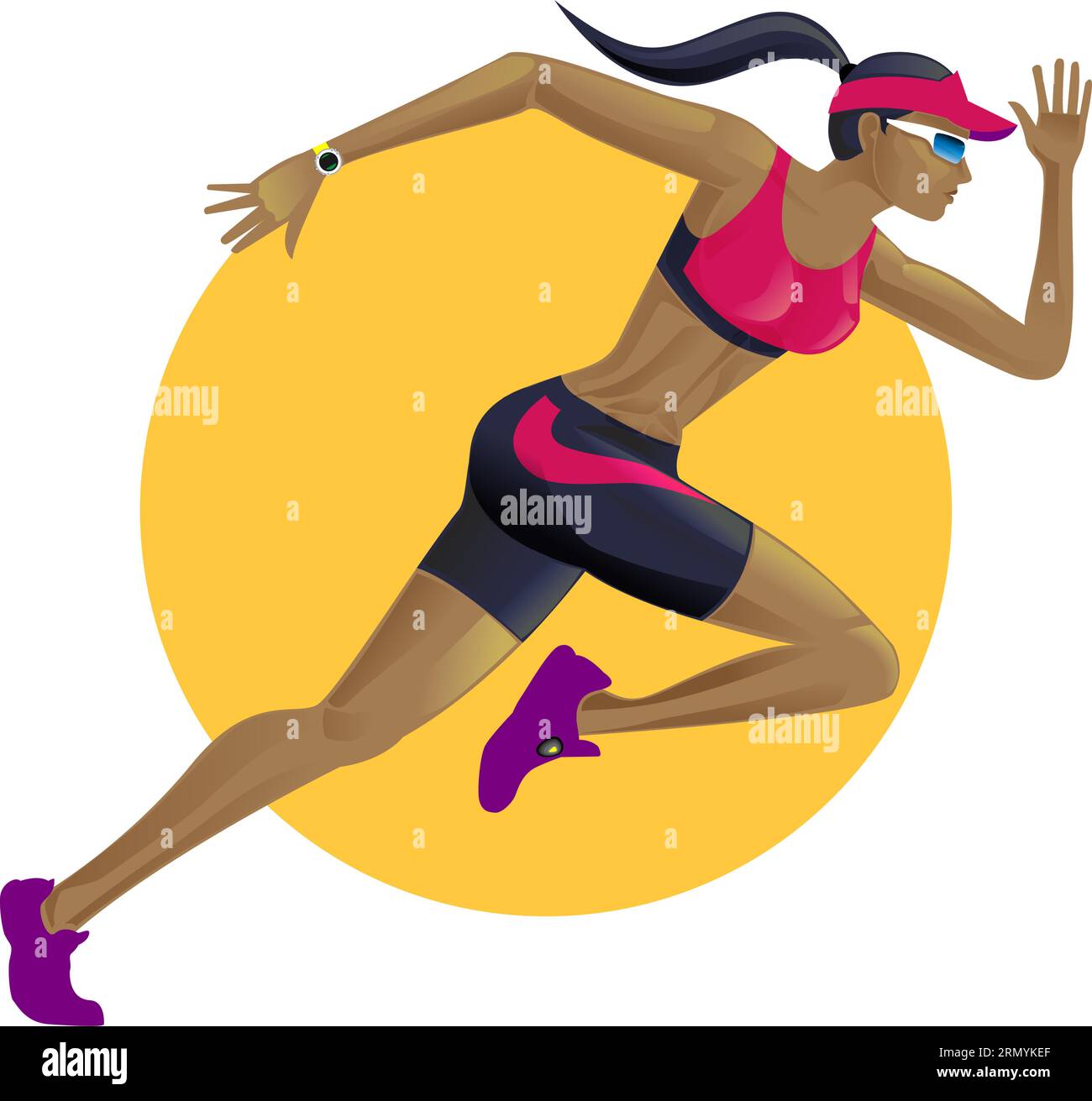 Hermosa mujer atlética que trota en ropa deportiva, triatlón de entrenamiento, maratón, correr. Ilustración de diseño plano, colorido Ilustración del Vector