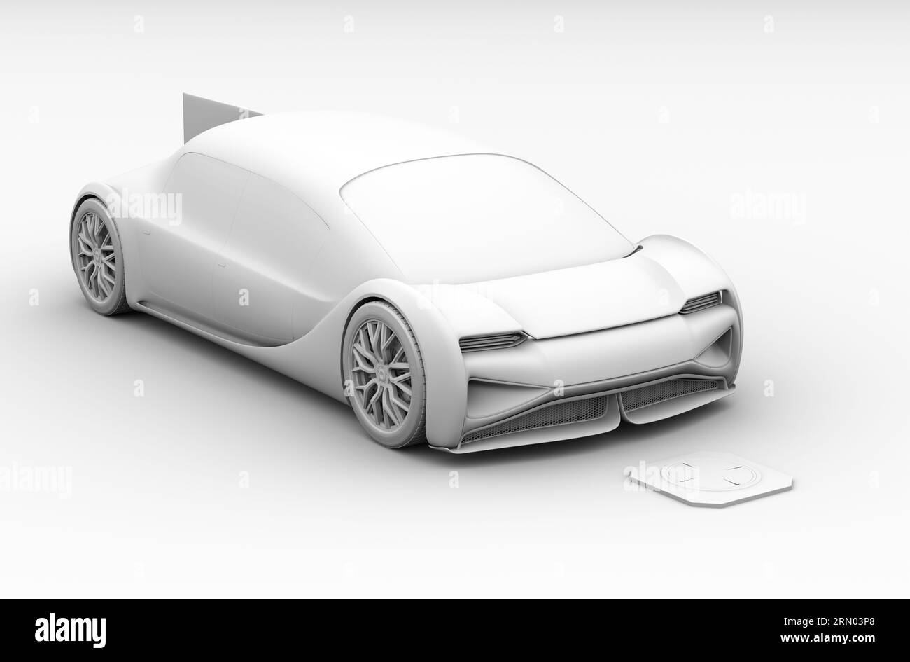 Vista isométrica del coche eléctrico futurista que conduce en el estacionamiento de carga inalámbrica. Estilo de renderizado de arcilla. Imagen de renderizado 3D. Foto de stock