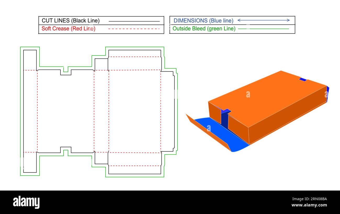 Caja de envío corrugada editable y redimensionable y caja de cartón de dibujos animados, plantilla de línea de troquel y renderizado 3D Ilustración del Vector