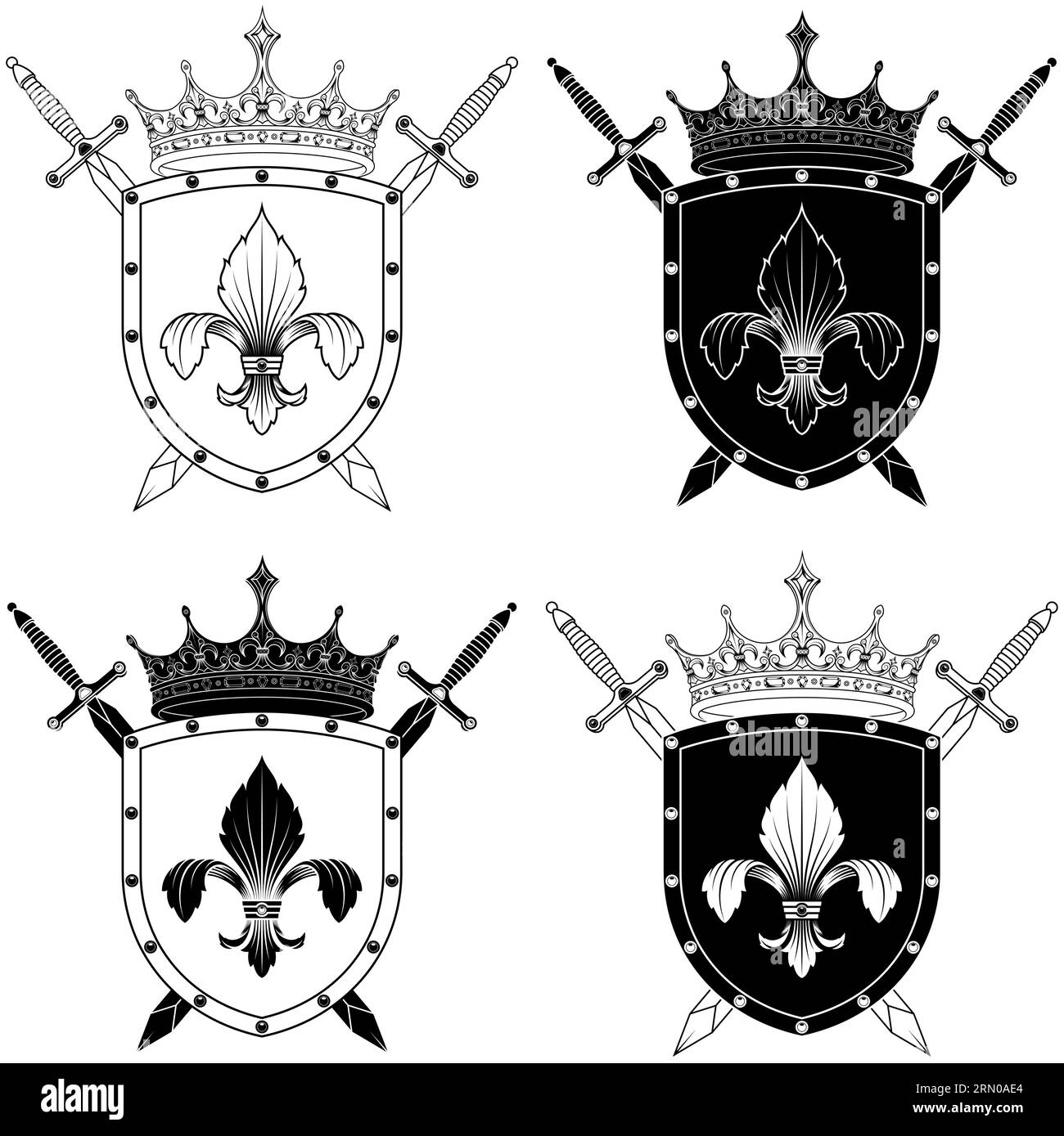 Escudo heráldico coronado con flor de lirio y dos espadas. Escudo heráldico de las edades medias Ilustración del Vector