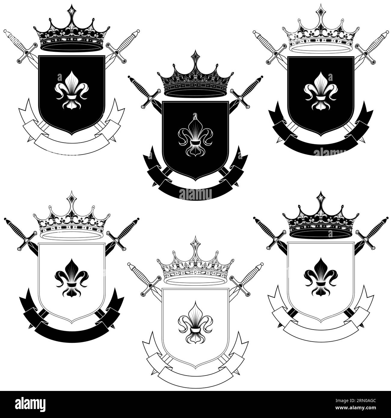 Diseño de vectores de escudo heráldico de la Edad Media, escudo de armas con símbolo heráldico de fleur de lis, con coronas y espadas Ilustración del Vector