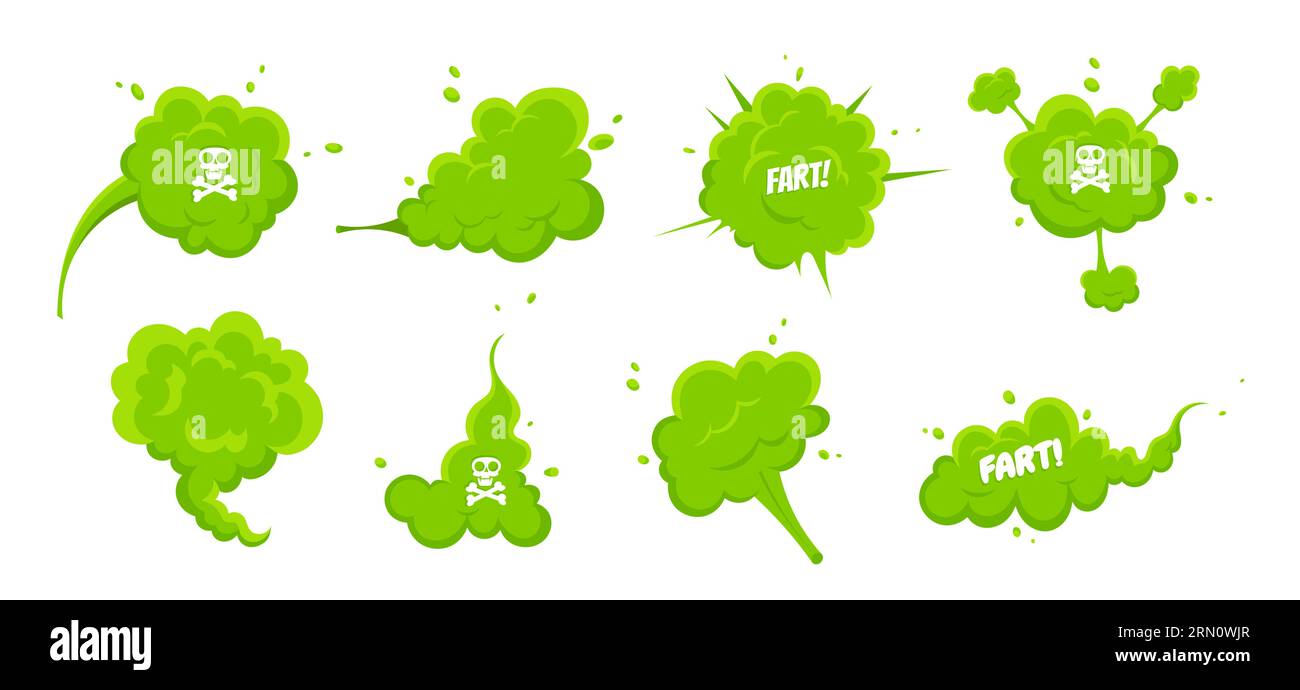 Oler humo verde de dibujos animados o nubes de pedo estilo plano diseño conjunto de ilustración vectorial. Ilustración del Vector