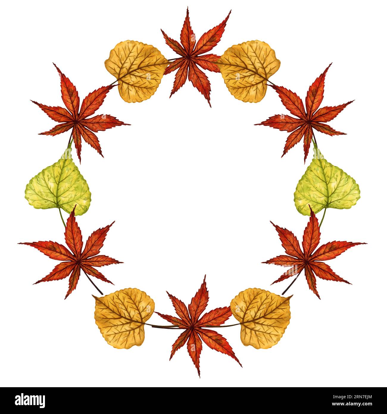 Corona de hojas de otoño, marco redondo, ilustración de acuarela dibujada a mano. Plantilla para logotipo, banner, tarjeta de felicitación, invitación. Foto de stock