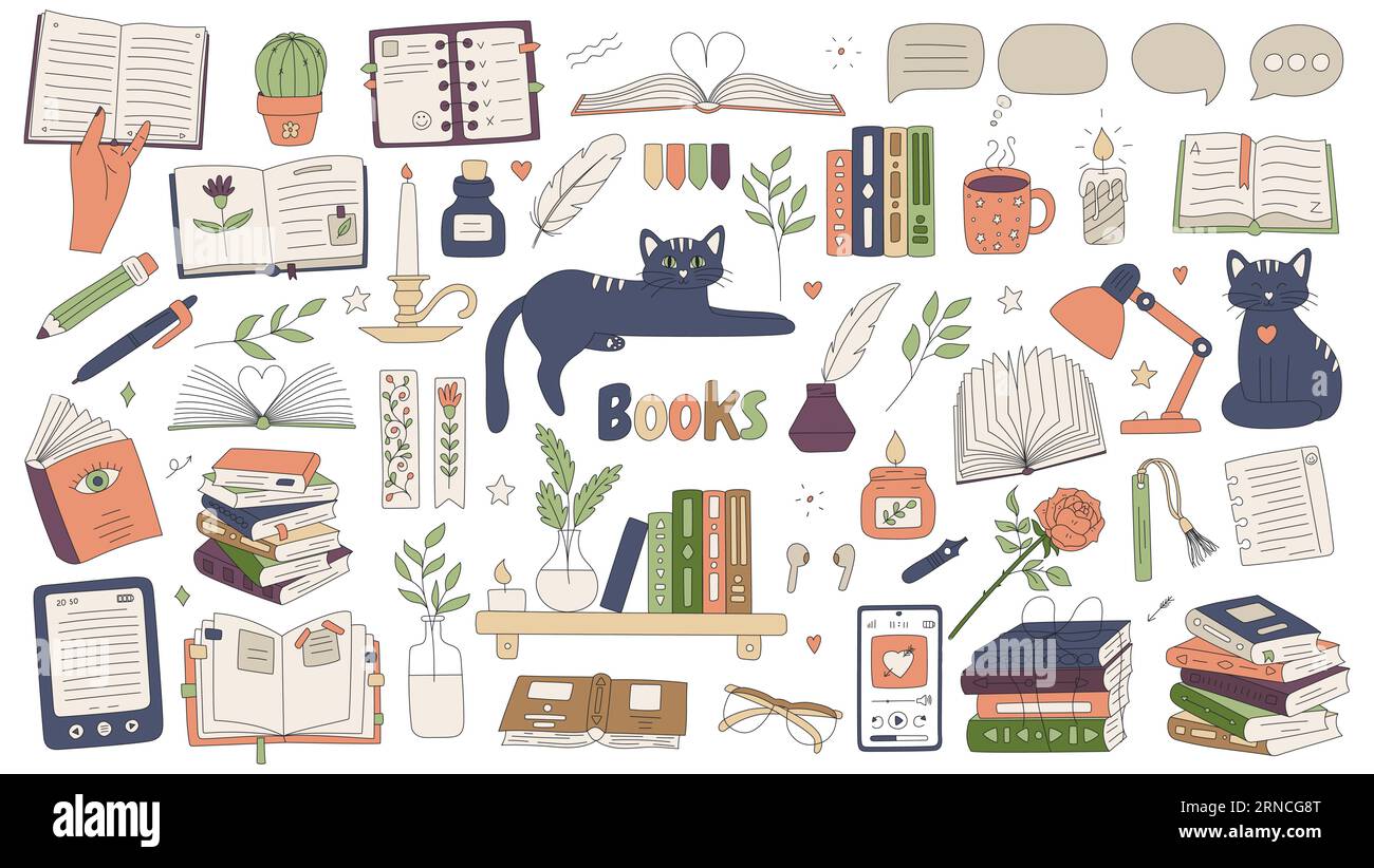 Conjunto de libros para los amantes de la lectura. Dibujado a mano libros abiertos, pilas, pila, gafas, audiolibro con auriculares, ebook, libros en el estante, taza de té. Dood color Ilustración del Vector