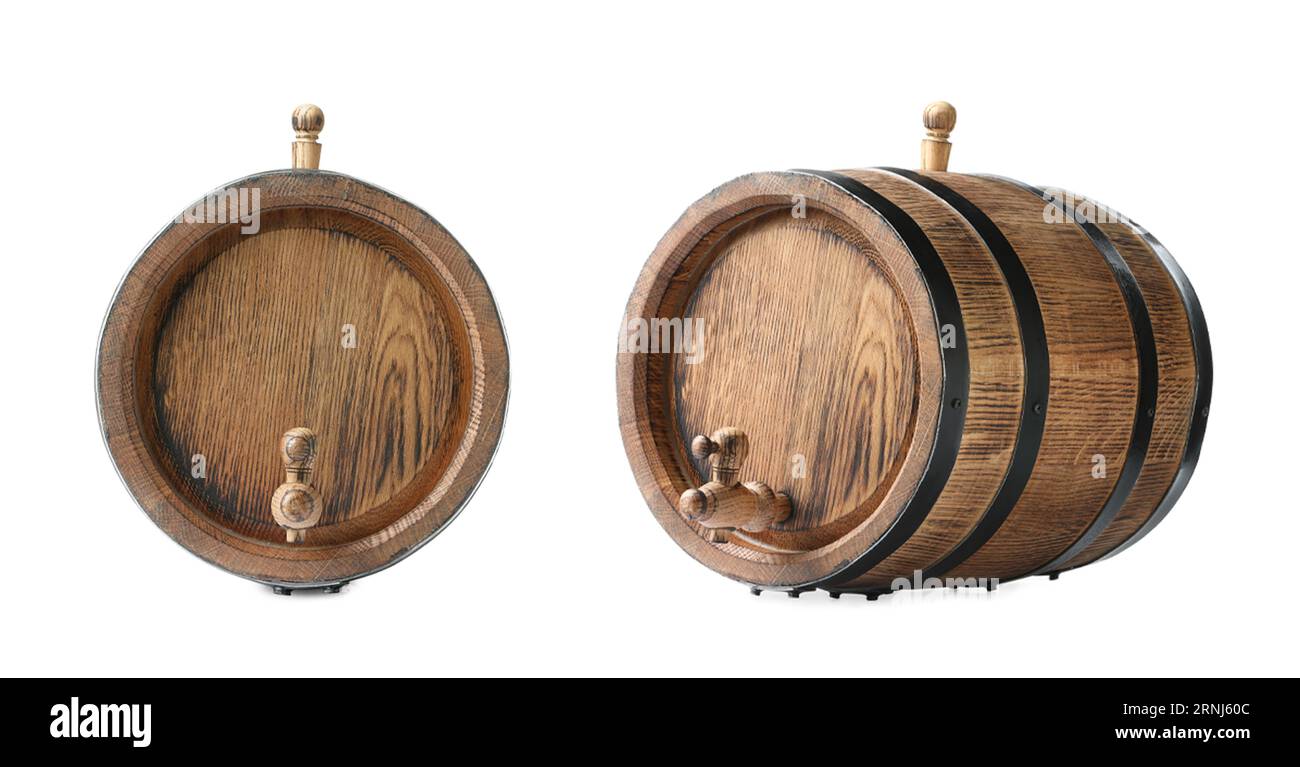 Collage de barril de madera con grifo sobre fondo blanco, diferentes lados Foto de stock