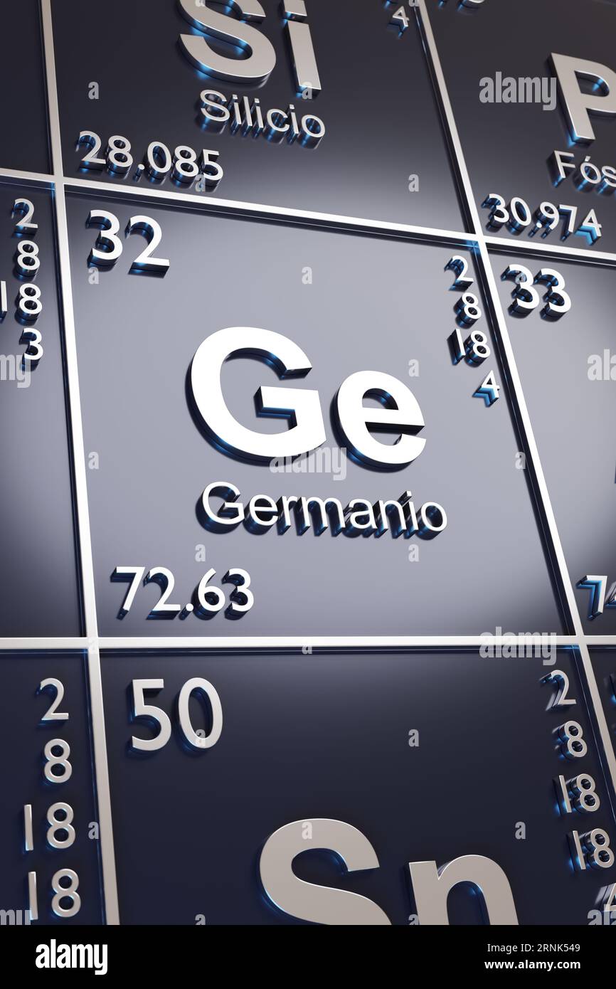 El metaloide Germanium sobre la tabla periódica de elementos en español. 3d ilustración. Foto de stock