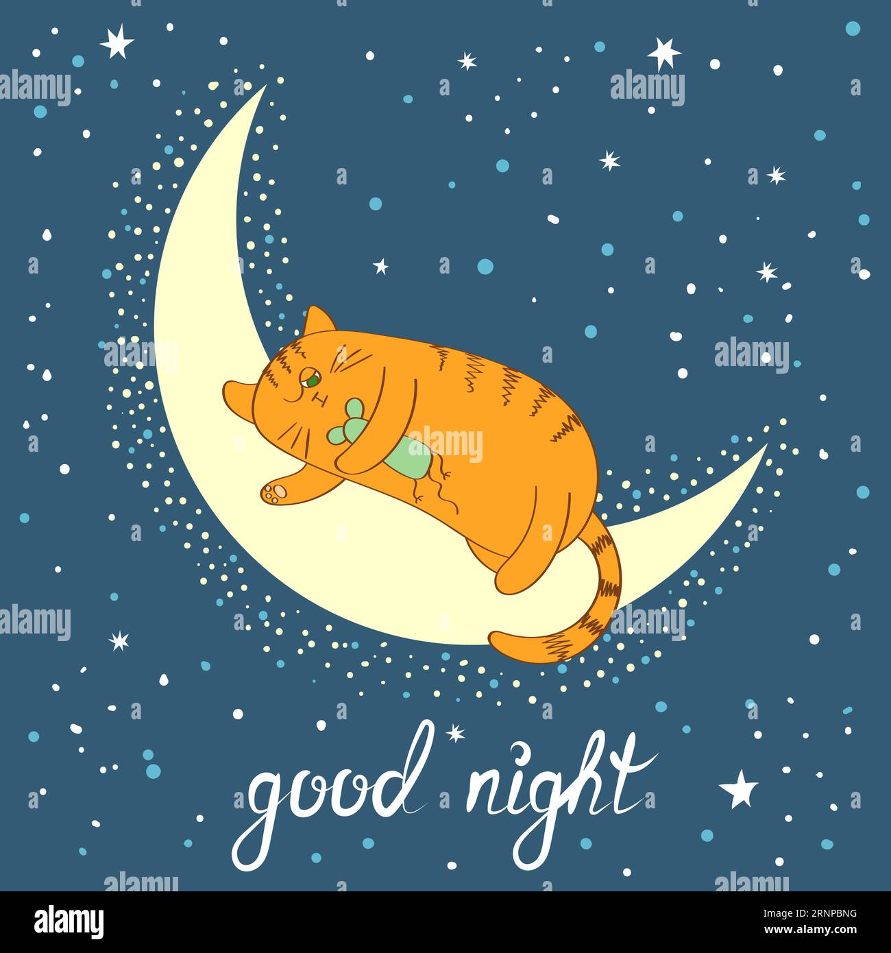 Lindo gato de dibujos animados durmiendo en la luna. Buenas noches lettering. Ilustración vectorial Ilustración del Vector