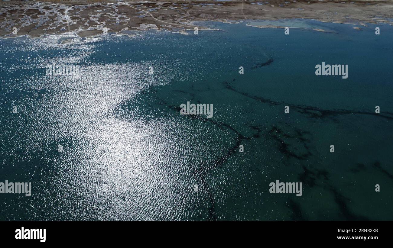 (171020) -- XINING, 20 de octubre de 2017 -- Foto aérea tomada el 19 de octubre de 2017 muestra el lago Qinghai, el lago interior de agua salada más grande de China, en la provincia de Qinghai, en el noroeste de China. La superficie del lago Qinghai alcanzó los 4.497,01 kilómetros cuadrados, el récord más alto desde 2001, según datos del Instituto Qinghai de Ciencias Meteorológicas. El lago Qinghai desempeña un papel importante en la seguridad ecológica de la meseta Qinghai-Tibet. Se ha estado expandiendo desde 2005 gracias a las abundantes precipitaciones en las áreas circundantes y el aumento del derretimiento de la nieve debido al cambio climático. ) (WF) CHINA-QINGHAI-QINGHAI LAGO (C Foto de stock