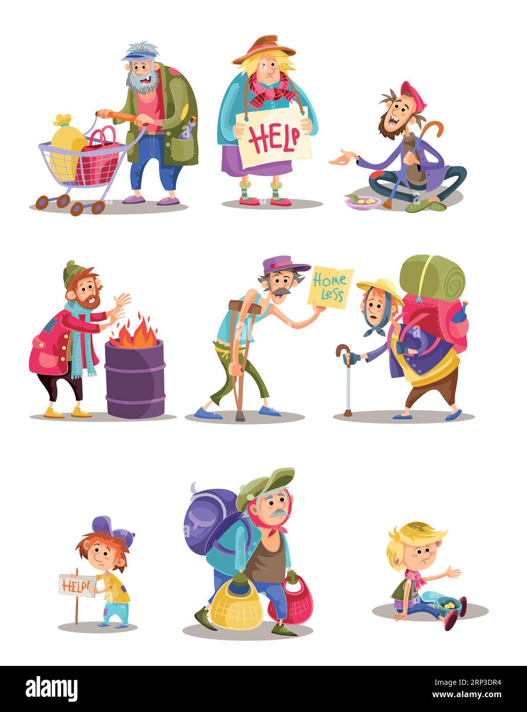 Sin hogar y mendigos gente vector ilustración de dibujos animados.  Vagabundos y vagabundos personajes de mujer y niño mendigando limosna,  hombre manipulador en la pobreza Imagen Vector de stock - Alamy