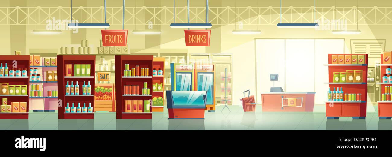 Supermercado o gran tienda de comestibles sala de comercio interior de dibujos animados vector de fondo con estanterías llenas de productos alimenticios y frutas, frigoríficos con bebidas, fis Ilustración del Vector