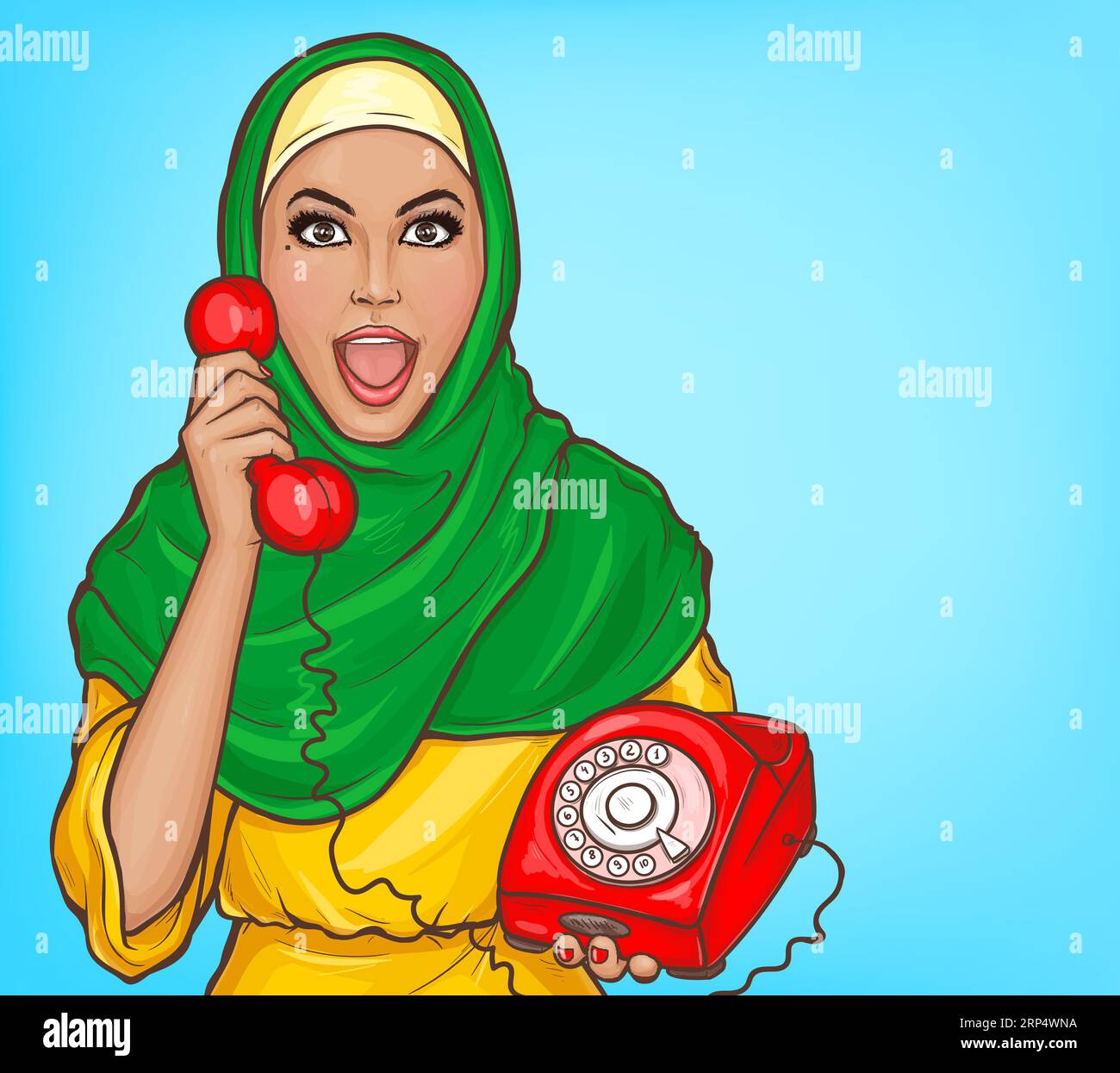 Mujer árabe en hijab con teléfono de marcación vintage. Muchacha musulmana sorprendida en ropa tradicional hablando en el viejo teléfono rojo del disco rotatorio. Vector pop art i Ilustración del Vector