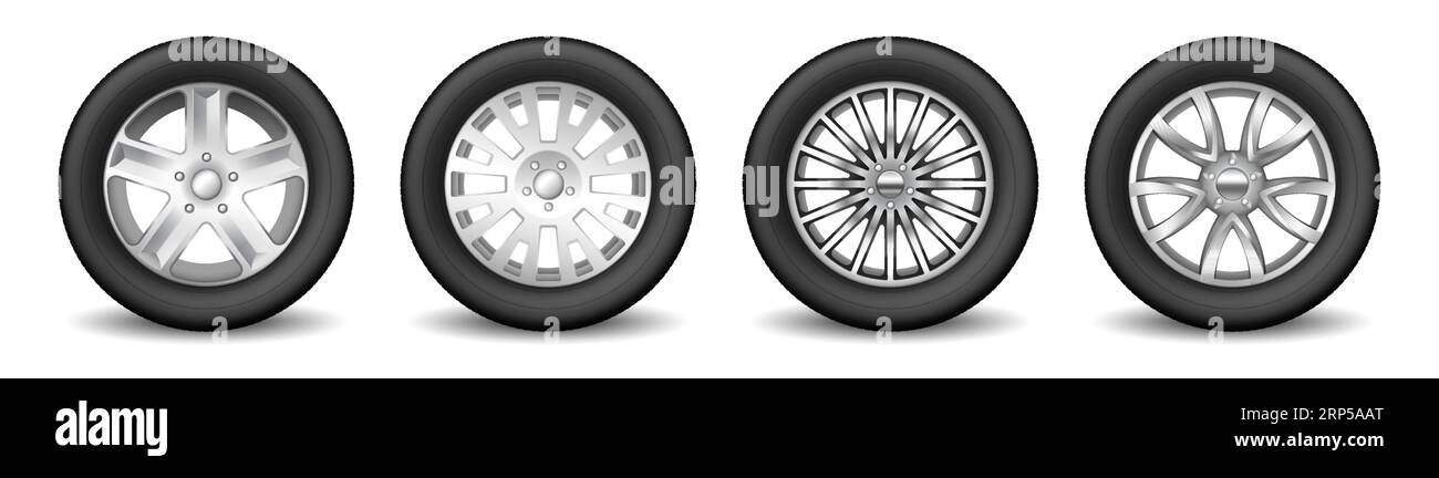 Conjunto de ruedas de repuesto de llanta de automóvil con discos brillantes de aleación y neumáticos de goma de protección. Rueda de transporte y concepto de ajuste. Realista 3D ilustración vectorial Ilustración del Vector