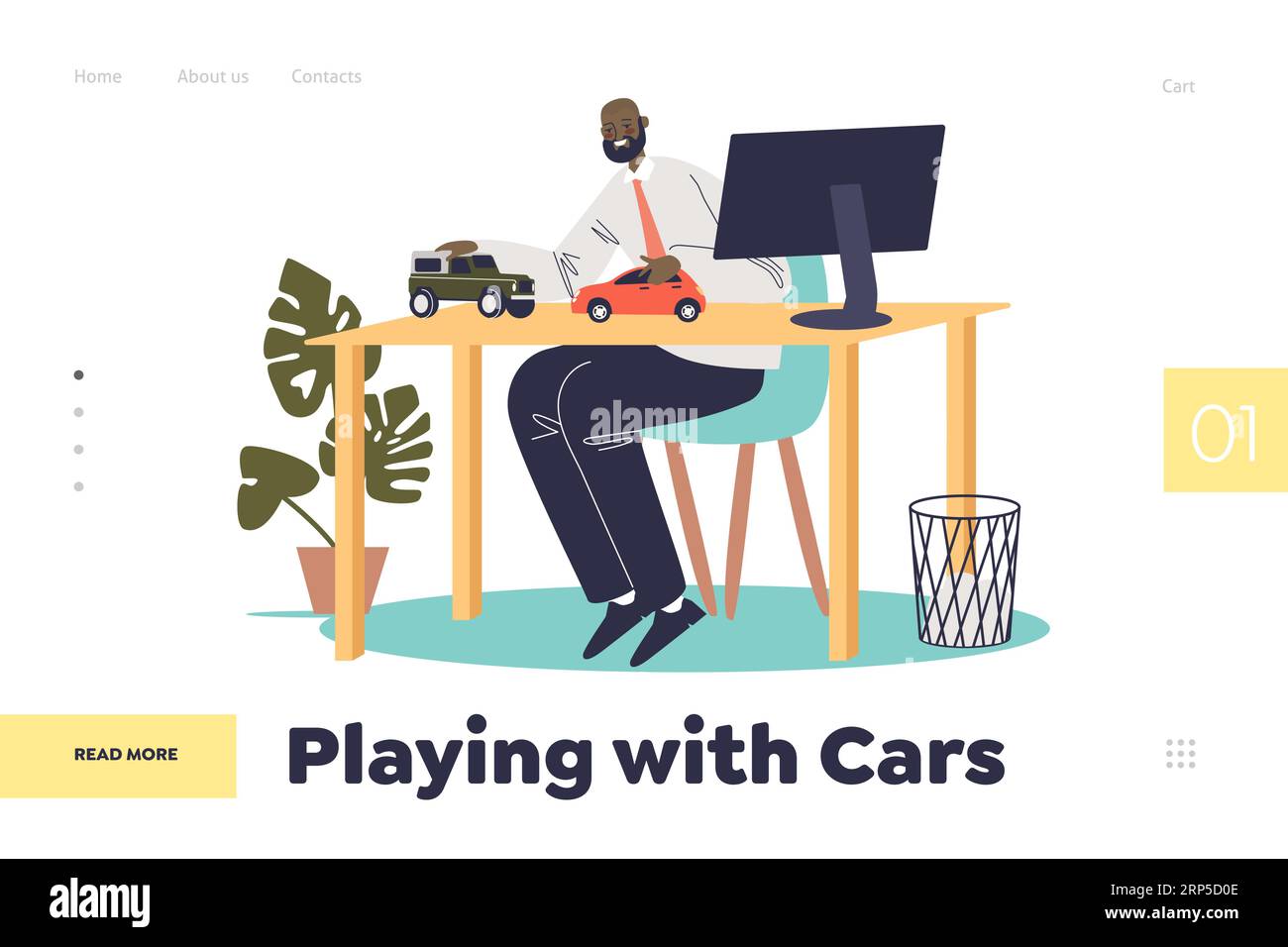 Jugar con el concepto de coches de la página de aterrizaje con los modelos de coches de juguete de carreras de hombre en el lugar de trabajo. Hombre de negocios adulto trabajador de oficina sueño de comprar vehículo. Cartoo Ilustración del Vector