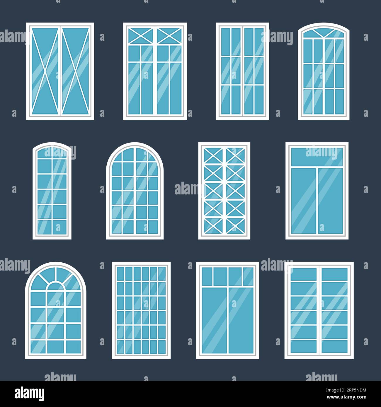Exterior de la ventana. Varios tipos de marcos de ventanas de vidrio,  diseño de marcos de construcción, interior de casa de arquitectura moderna,  escaparate blanco de vector plano u hou Imagen Vector