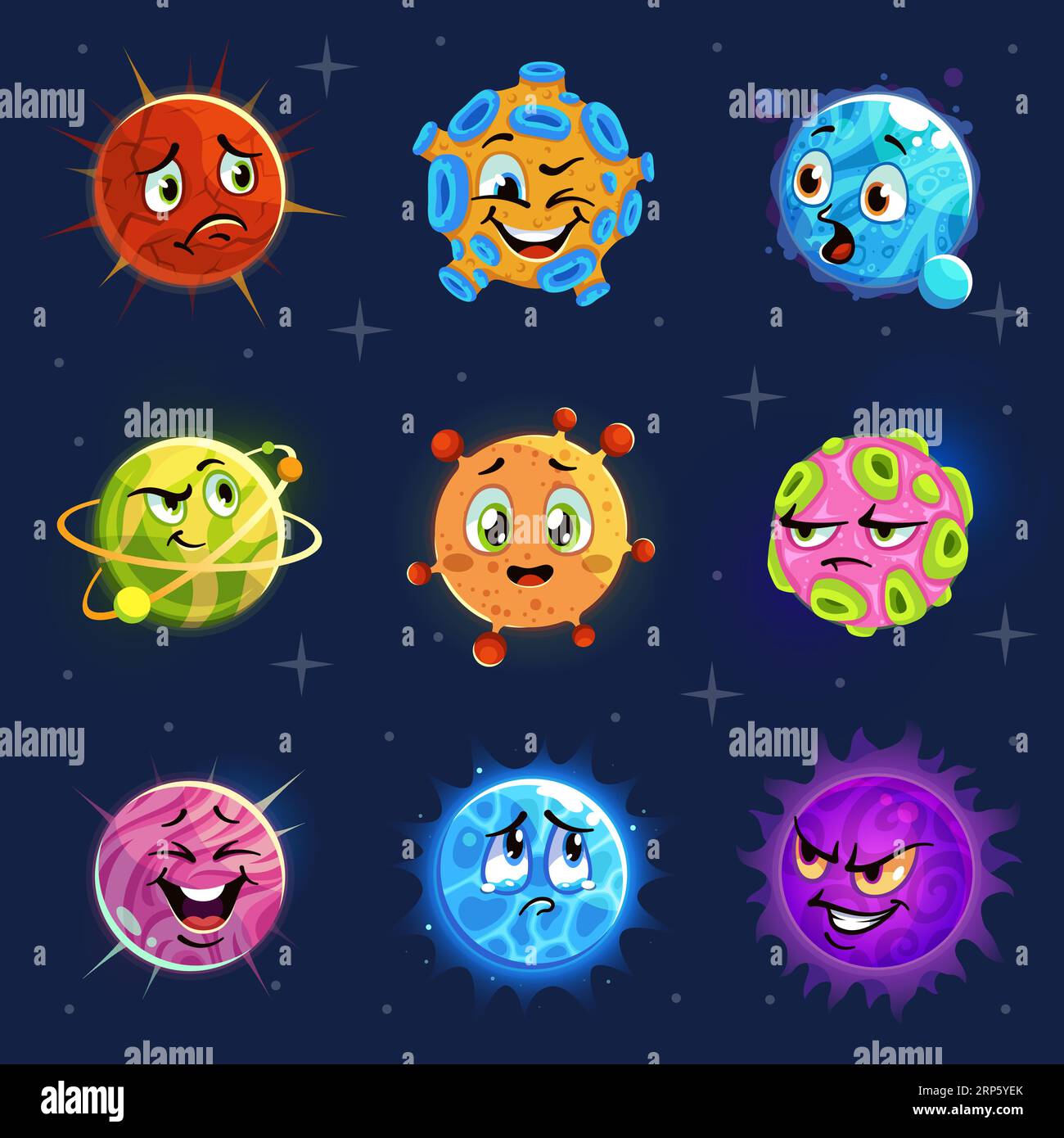 Planetas emoji. Pegatinas de planetas coloridos lindos, objetos de