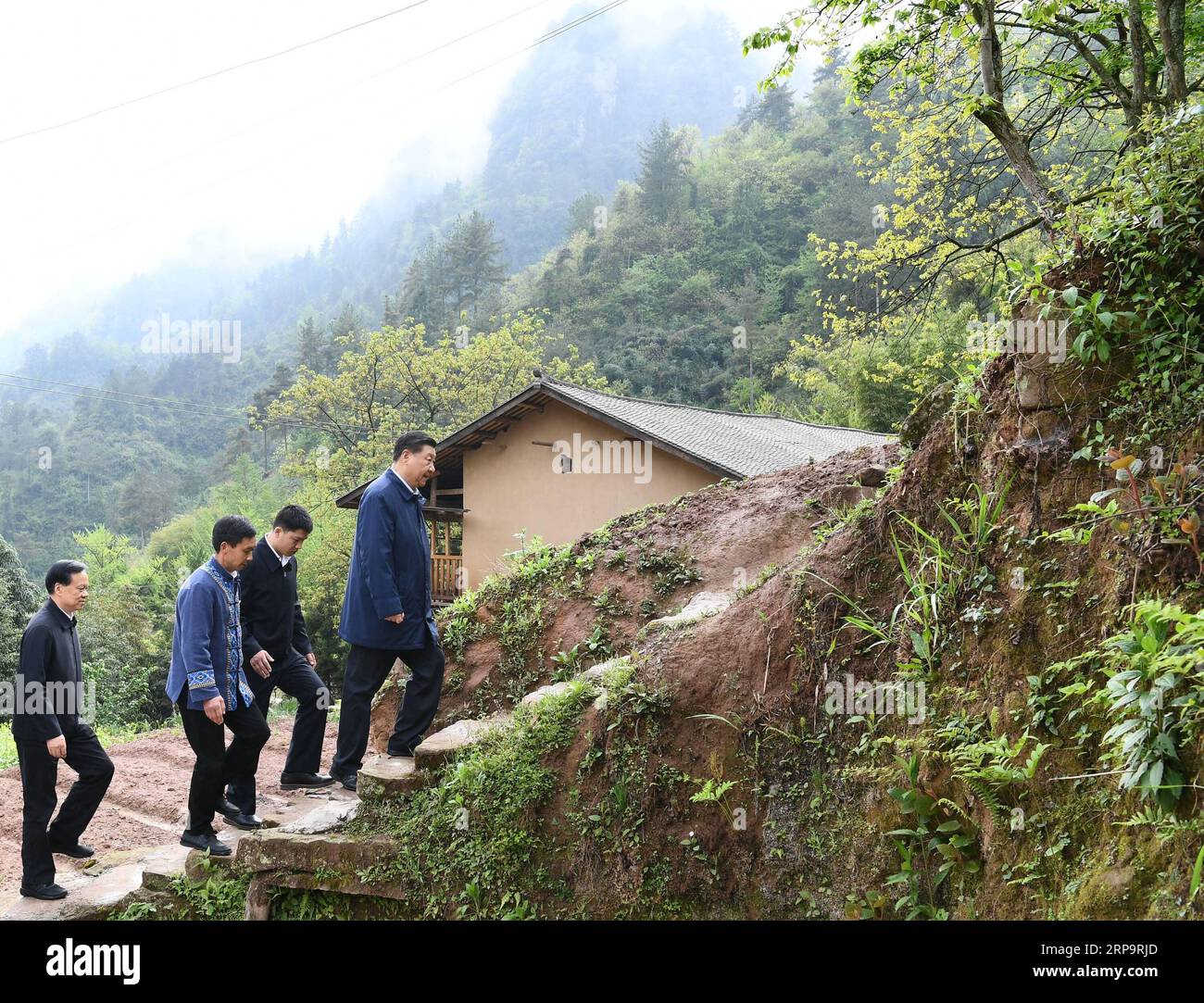 (190415) -- CHONGQING, 15 de abril de 2019 -- El presidente chino Xi Jinping, también secretario general del Comité Central del Partido Comunista de China y presidente de la Comisión Militar Central, camina a la casa de un aldeano para aprender sobre el progreso de la mitigación de la pobreza y en la solución de problemas prominentes, incluyendo satisfacer la necesidad básica de alimentos y ropa y garantizar la educación obligatoria, la atención médica básica y la vivienda segura, en la aldea de Huaxi del condado autónomo de Shizhu Tujia, en el suroeste de China, Chongqing, 15 de abril de 2019. XI realizó una gira de inspección en el suroeste de China, en el municipio de Chongqing Foto de stock