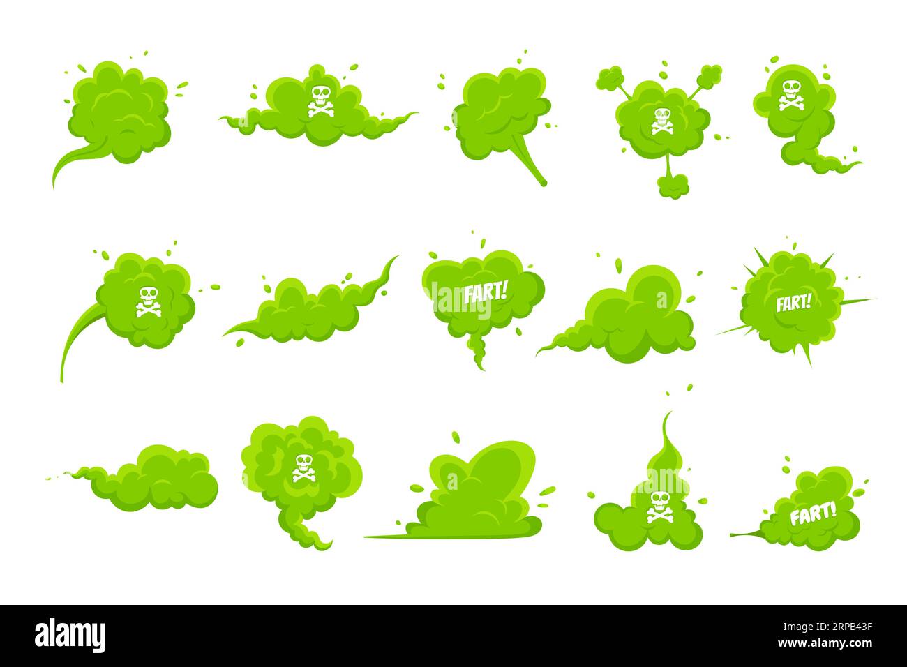 Oler humo verde de dibujos animados o nubes de pedo estilo plano diseño conjunto de ilustración vectorial. Ilustración del Vector