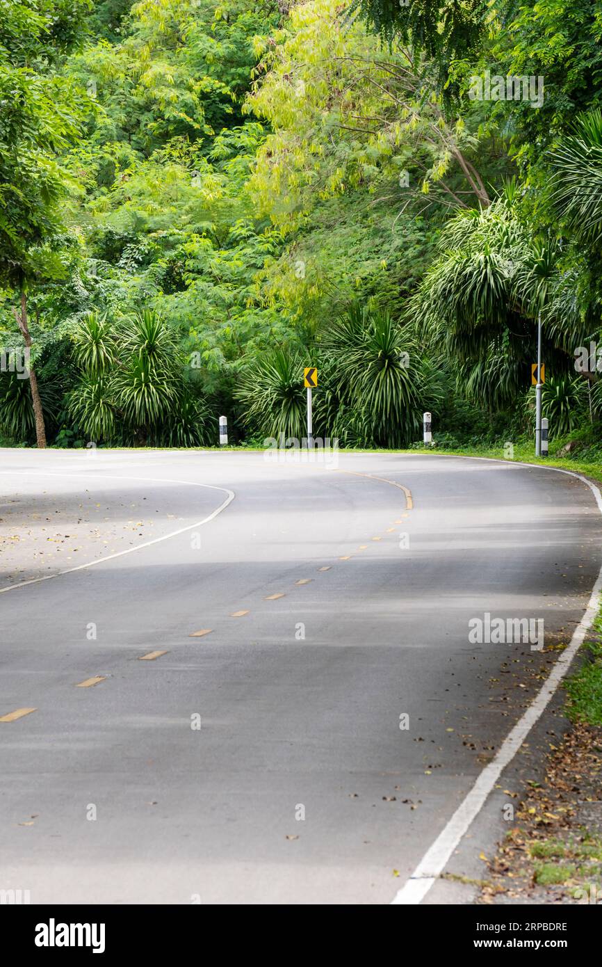 Un largo camino curvado serpenteante a través de árboles que sobresalen, líneas de advertencia de peligro en el centro de la carretera y bordeado Foto de stock