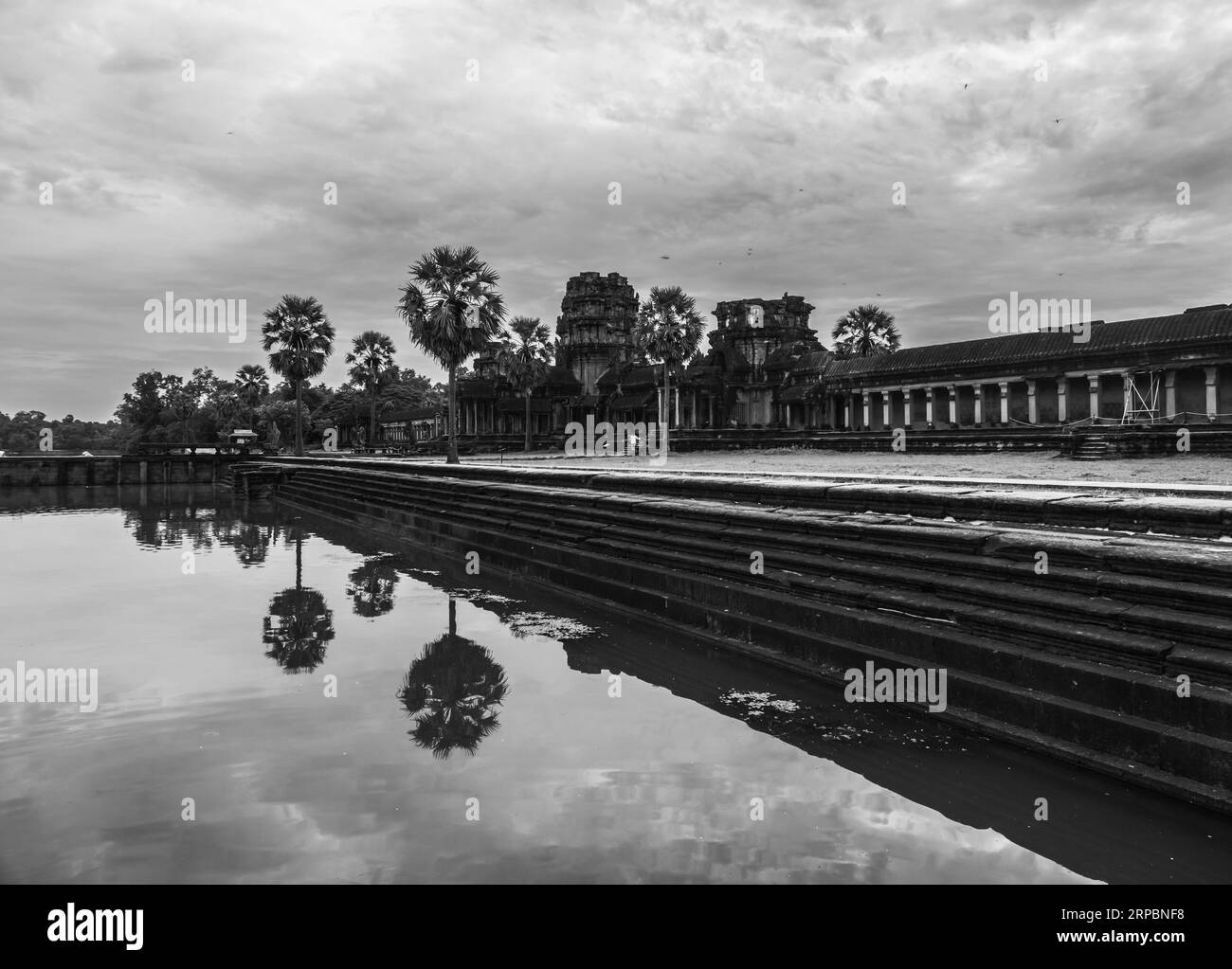 Temprano en la mañana reflexiones de Angkor Wat en el foso. Foto de stock