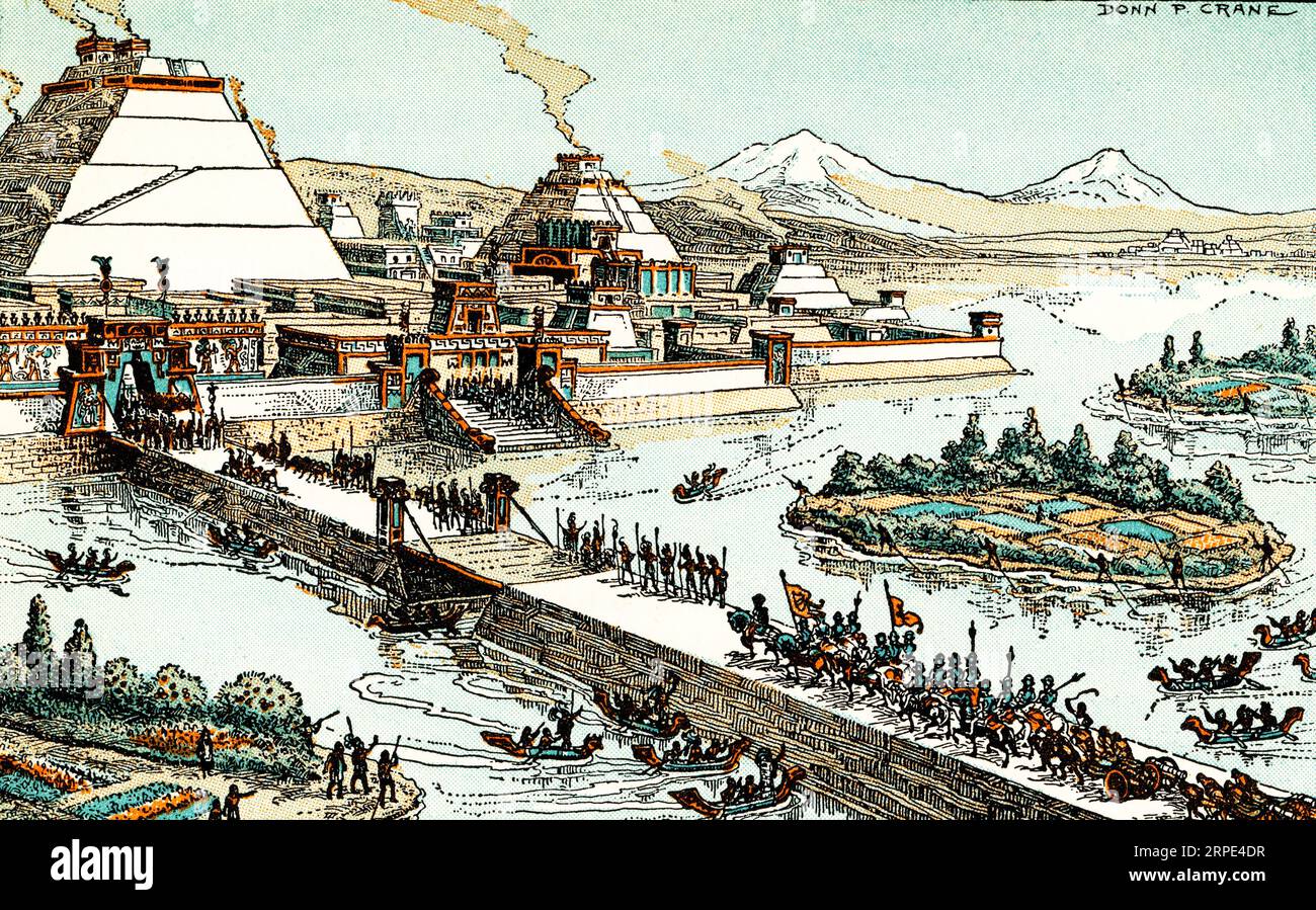 Hernán Cortés ingresando a la ciudad de Tenochtitlán, 8 de noviembre, 1519. Por Donn Philip Crane (1878-1944). La caída de Tenochtitlán, la capital del Imperio Azteca, fue un acontecimiento importante en la conquista española del imperio. Ocurrió después de una extensa manipulación de facciones locales y la explotación de divisiones políticas preexistentes por el conquistador español Hernán Cortés (1485-1547). Foto de stock