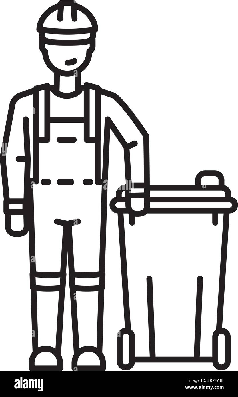 Hombre de basura con el icono de línea de vector de contenedor de basura para el Día Mundial de los Hombres de Basura el 17 de junio Ilustración del Vector