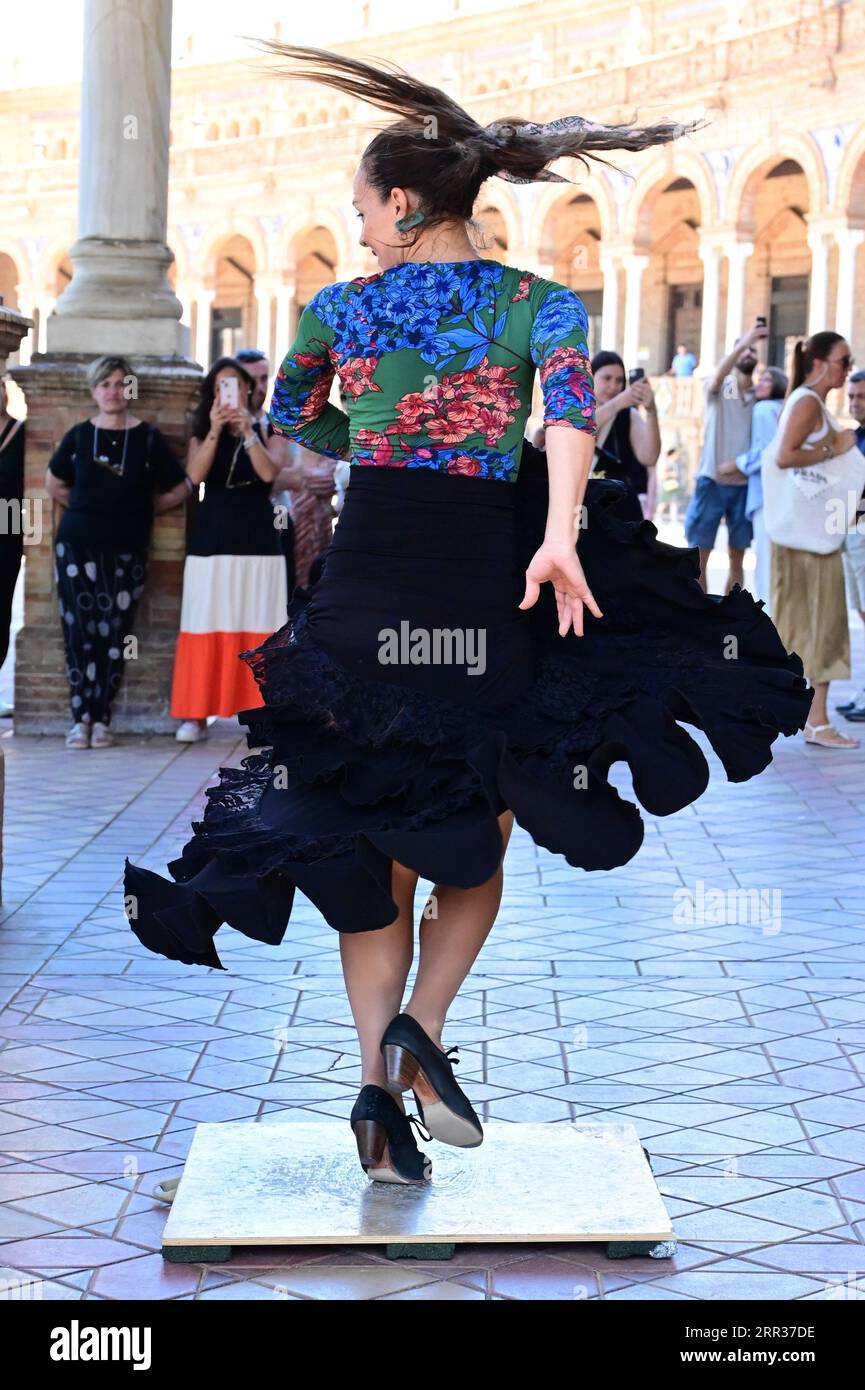 Baile flamenco en la Plaza de España de Sevilla. Foto de stock