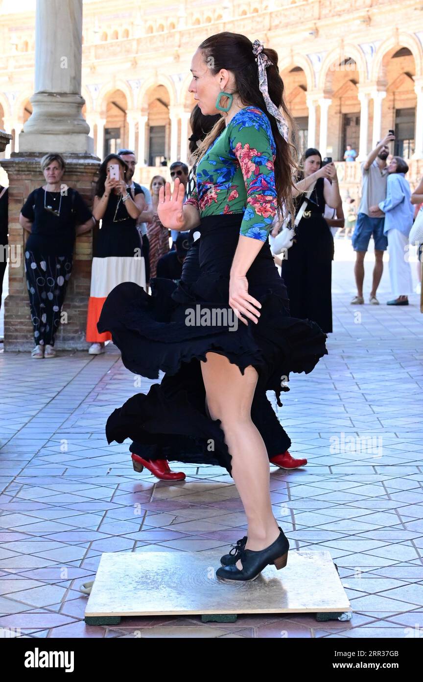 Baile flamenco en la Plaza de España de Sevilla. Foto de stock
