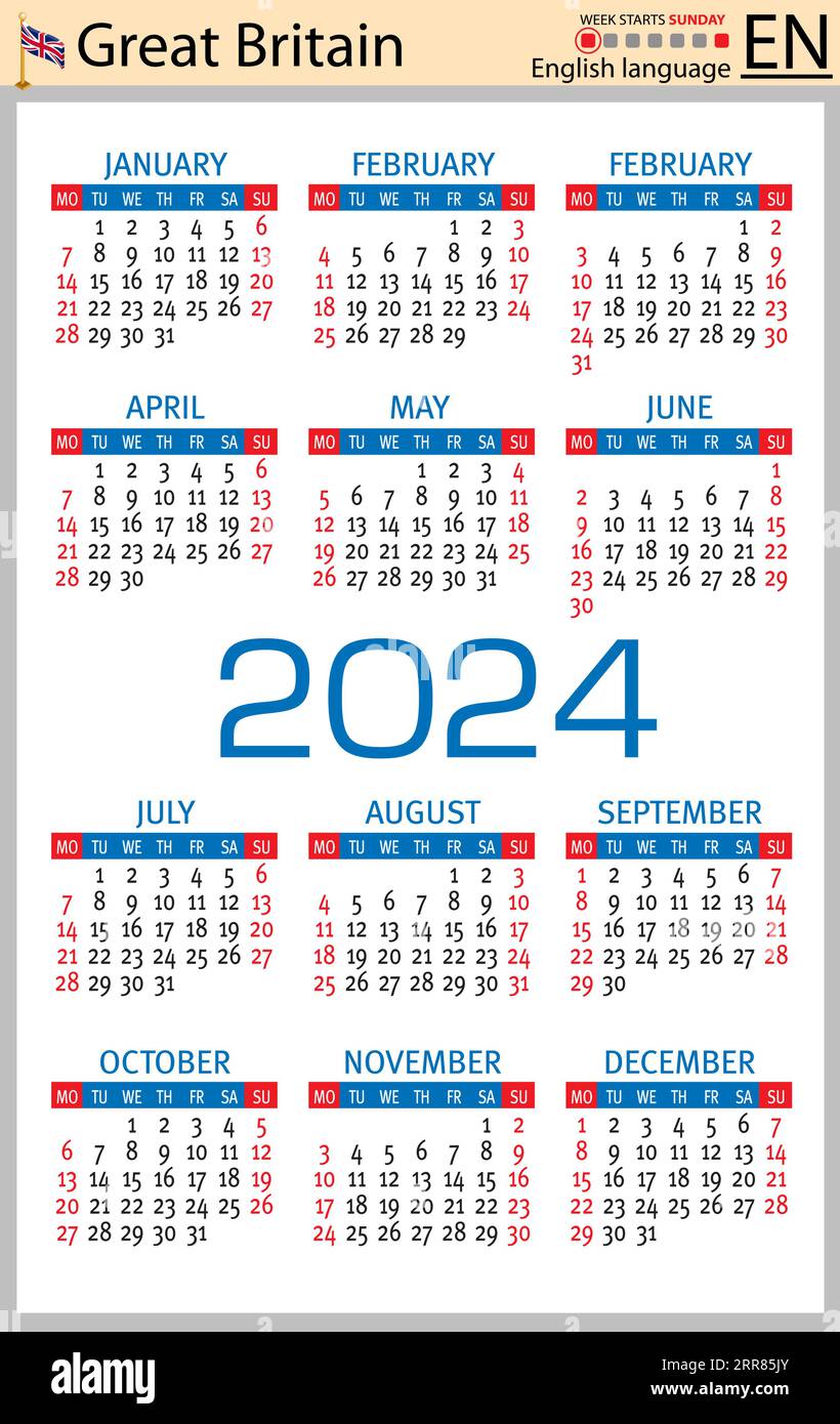 Calendario 2024, Domingo Del Vector Ilustración del Vector - Ilustración de  doce, inglés: 62409188