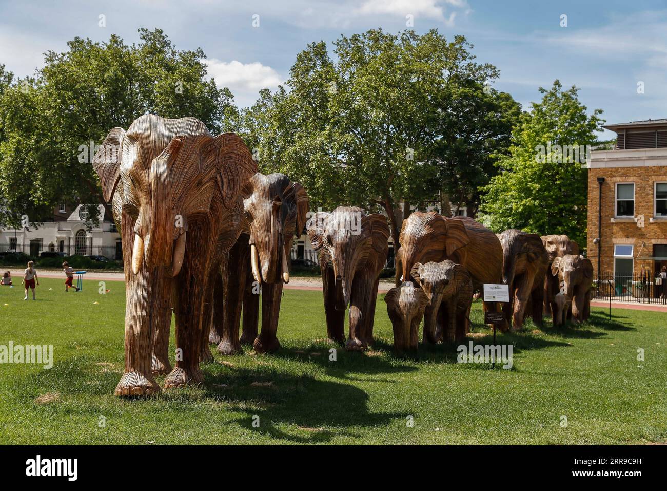 210609 -- LONDRES, 9 de junio de 2021 -- Foto tomada el 8 de junio de 2021 muestra una manada de elefantes artesanales de tamaño natural en Chelsea, Londres, Gran Bretaña. La obra de arte pública de 50 elefantes artesanales de tamaño natural se encuentra en una gira de instalación por el Reino Unido para destacar nuestro atestado planeta, el efecto de la invasión humana en los espacios salvajes y las inspiradoras formas en que podemos coexistir con todos los demás seres vivos. GRAN BRETAÑA-LONDRES-ESCULTURA-ELEFANTES-CONVIVENCIA HanxYan PUBLICATIONxNOTxINxCHN Foto de stock