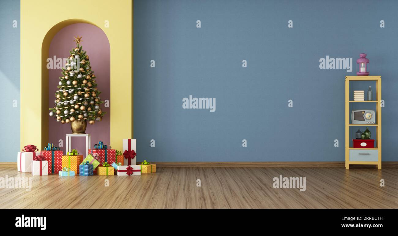 Sala de estar colorida con árbol de Navidad en un nicho con regalos y pequeña estantería - representación 3D Foto de stock