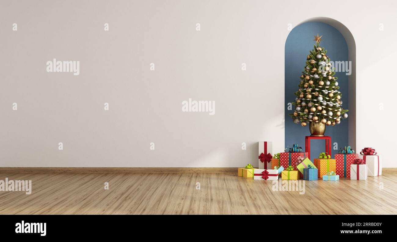 Sala de estar blanca con árbol de Navidad y regalo en un nicho azul - representación 3D Foto de stock