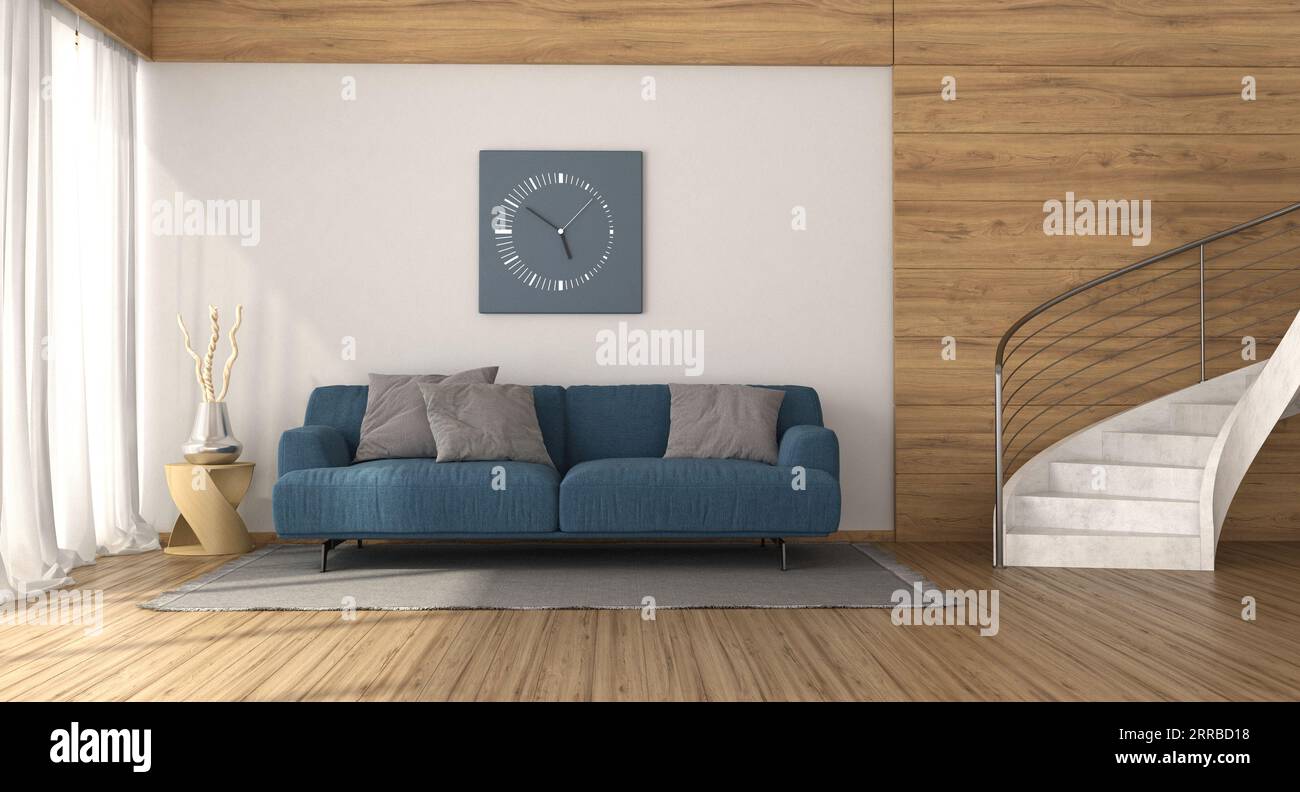 Moderna sala de estar con sofá azul. Escalera blanca y paneles de madera - 3D Foto de stock