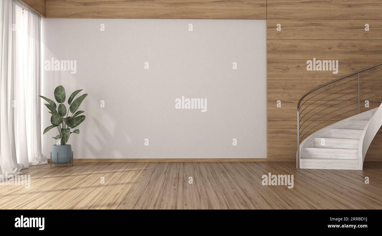Sala de estar blanca minimalista con escalera y paneles de madera - representación 3D Foto de stock