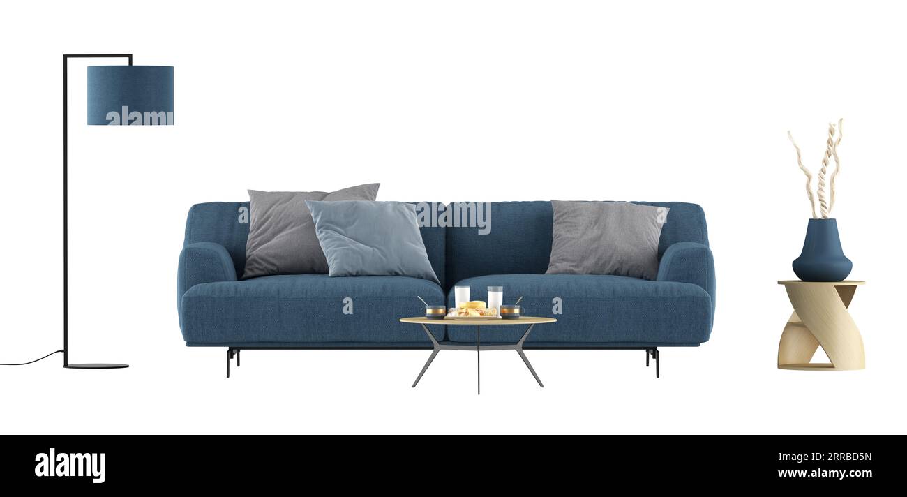 Juego de muebles con sofá azul, mesa de centro y lámpara de pie aislados sobre fondo blanco - representación 3D Foto de stock
