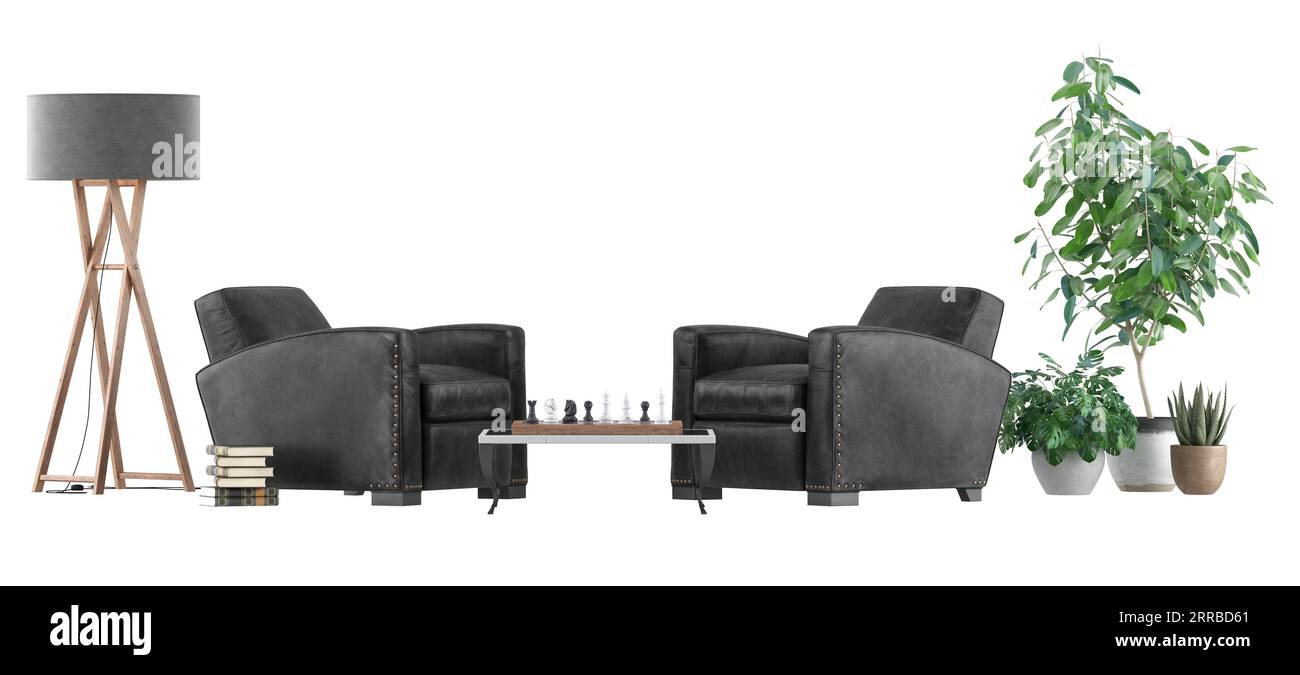 Conjunto de muebles negros con sillones retro de cuero y mesa auxiliar con tablero de ajedrez aislado sobre fondo blanco - representación 3D Foto de stock
